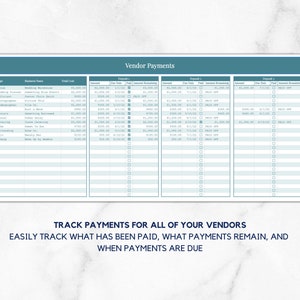 May include: A printable wedding vendor payment tracker with columns for vendor type, business name, total cost, amount, deposit date, paid amount, and remaining balance. The tracker is designed to help brides and grooms keep track of their wedding vendor payments.
