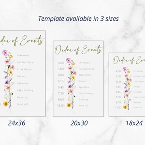 May include: Three printable wedding order of events signs with floral designs. The signs are available in three sizes: 24x36 inches, 20x30 inches, and 18x24 inches. The signs list the order of events for a wedding reception, including the ceremony, cocktail hour, first dance, dinner, speeches, cake cutting, dancing, and send off.