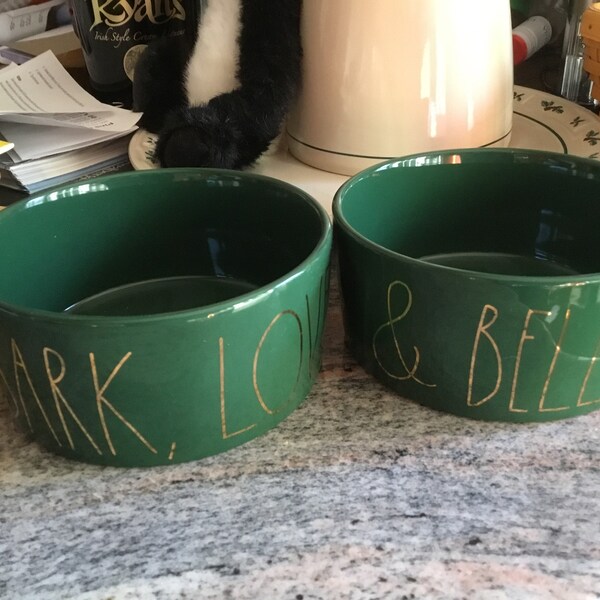 Rae Dunn Set of 2 6” Green Dog Bowls Bark, Love & Belly Rubs