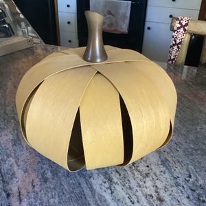 May include: A decorative pumpkin made of overlapping, light-coloured wooden strips. The pumpkin has a brown wooden stem. The design creates a unique, open structure. This autumn-themed decor item is suitable for seasonal displays.