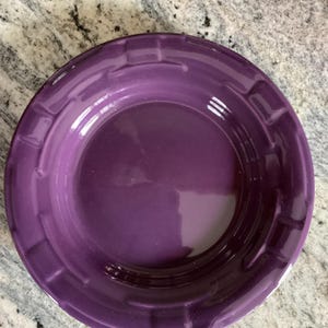 May include: A glossy, deep purple ceramic bowl with a raised, textured rim. The bowl has a smooth, reflective interior and a slightly curved shape. This decorative bowl is suitable for serving or display.