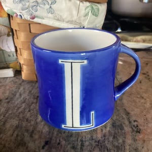 Anthropologie Monograma Letra L Pintado à Mão Azul Cobalto Caneca de Café Xícara