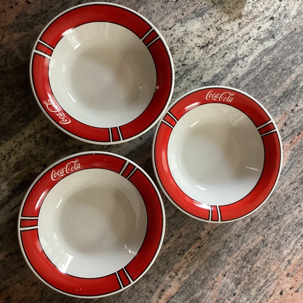 Set of 3 Vintage Coke Gibson Coca Cola Red & Black 8” Rim Small Pasta Soup Bowl