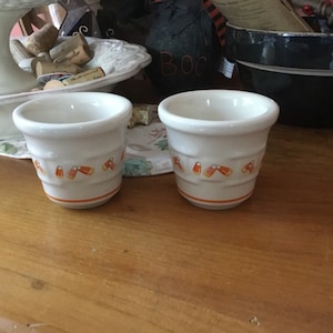 Set of 2 Longaberger Woven Traditions Pottery Votive Candle Holders Cups ~ Candy Corn