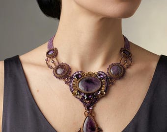 Collier fait main pour femme, bijoux de perles, pendentif en améthyste, pierre précieuse, bronze violet, grande taille, pierre naturelle, style bohème, cristal, perles artisanales