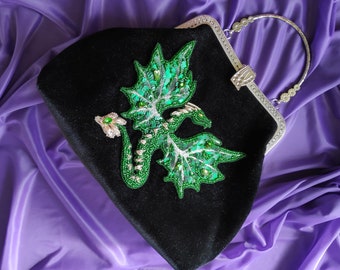 Black Velvet Evening Handbag Handmade Exclusive Green Dragon Beaded Embroidery Silver Metal Handle Purse for Women