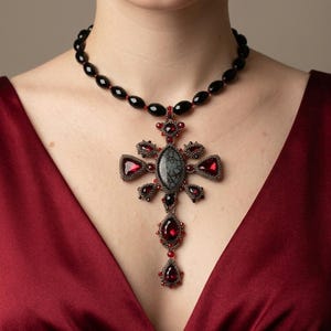 Gothic Cross Necklace Dragon Veins Agate Stone Pendant Red Crystal Accents Silver Metal Setting Alternative Jewelry Dark Fashion Statement Piece Unique Gothic Design Natural Stone Veining Pattern Edgy Accessory Collection Perfect Gift