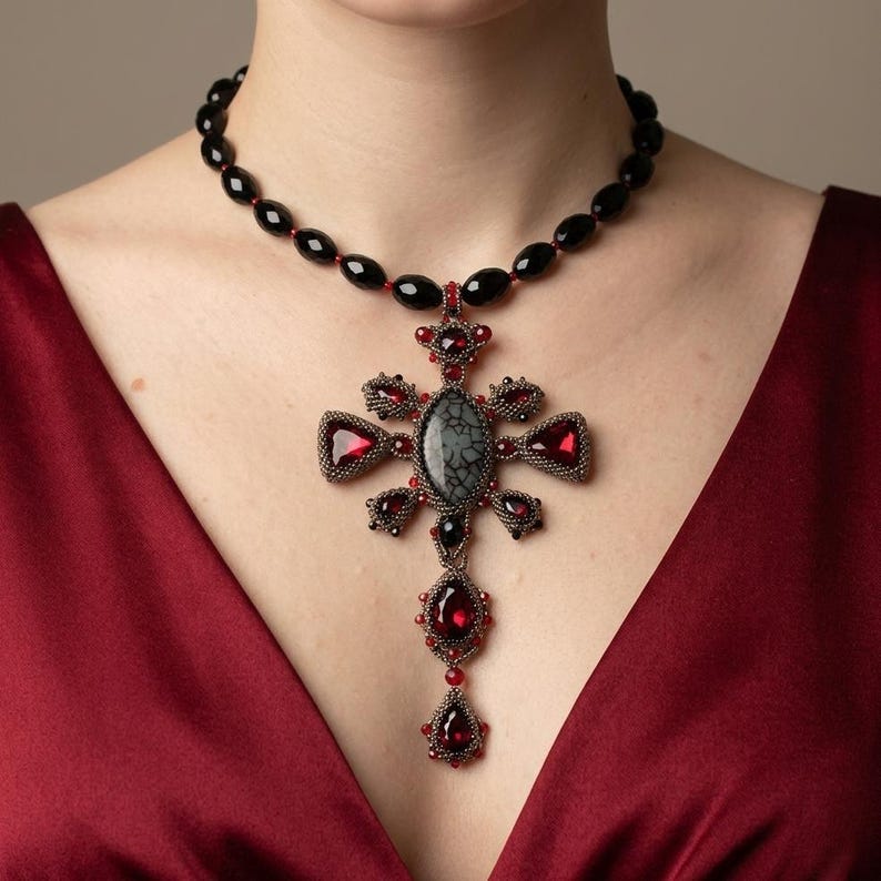 Gothic Cross Necklace Dragon Veins Agate Stone Pendant Red Crystal Accents Silver Metal Setting Alternative Jewelry Dark Fashion Statement Piece Unique Gothic Design Natural Stone Veining Pattern Edgy Accessory Collection Perfect Gift