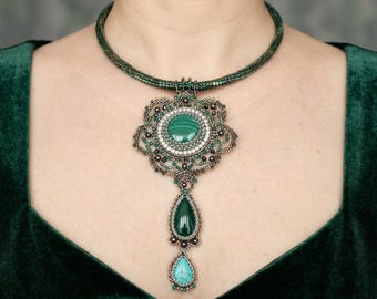 Collier ras du cou en agate verte, bijou tendance fait main, cadeau d'anniversaire pour femme, style bohème, perles, pendentif en pierre turquoise
