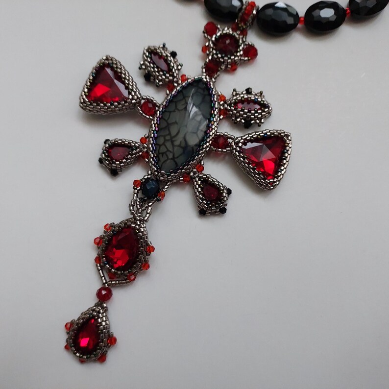Dragon Veins Agate Pendant Gothic Cross Necklace Red Crystal Stone Jewelry Silver Setting Alternative Fashion Dark Aesthetic Accessory Statement Piece Collection Unique Gothic Design Natural Gemstone Pattern Edgy Style Essential Perfect