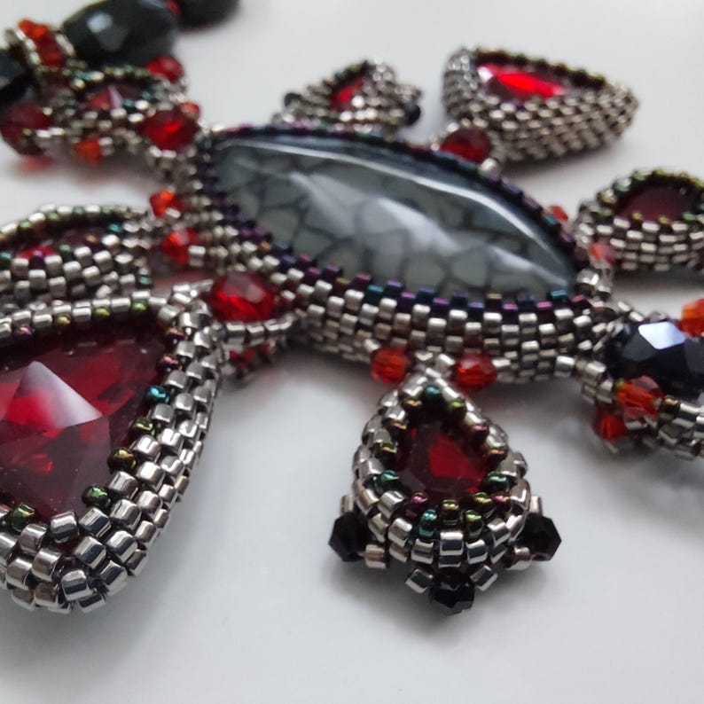 Alternative Gothic Accessory Cross Pendant Necklace Dragon Veins Agate Natural Stone Red Crystal Accents Silver Setting Dark Fashion Jewelry Statement Piece Collection Unique Gothic Design Edgy Style Essential Everyday Alternative Wear