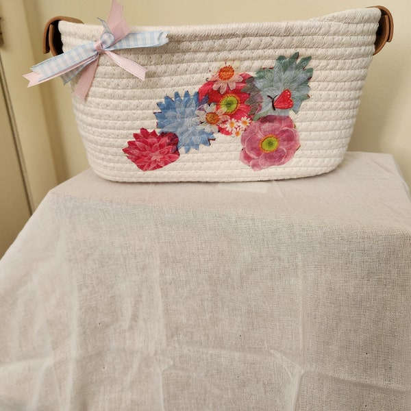 Decoupage floral accented rope basket