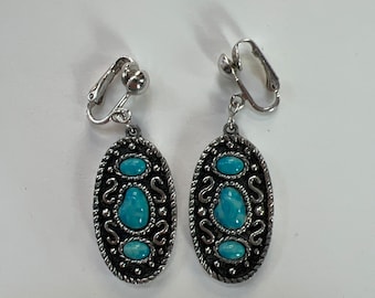 Vintage Sarah Cov Coventry Silver Turquoise Clip On Earrings Southwestern Statement Large Drop Dangle