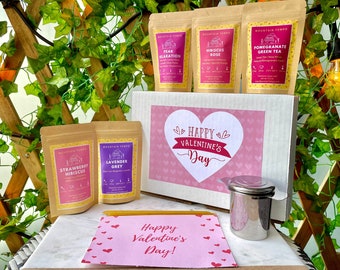 Happy Valentine's Day Gift Box  - Tea Infuser - Valentine's Day Card - Honey Sticks - 5 Loose Leaf Tea Sampler - Tea Gift Box Gift Set