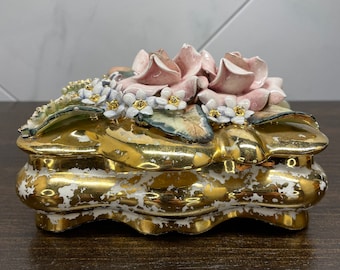 Vintage Pink Rose Trinket Box, Capodimonte Style Jewelry Box, Porcelain Flower Box
