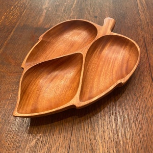 Vintage Monkey Pod Wood Divided Leaf Tray, Charcuterie Board, Vintage Tiki Bar Tray