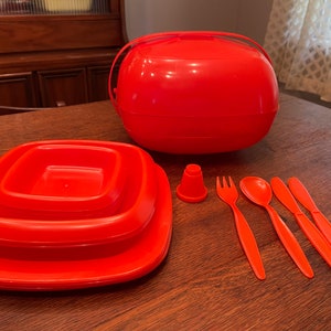 Vintage 1960s/70s Plastic Picnic Caddy, Orange Space Age Atomic Picnic Set