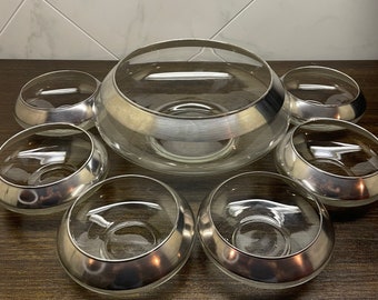 Vintage Dorothy Thorpe Cupped Bowl Salad Set, 7 Piece Set of Vintage Dorothy Thorpe Sterling Silver Rimmed Glassware