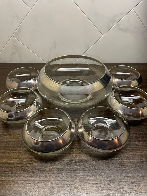 Vintage Dorothy Thorpe Style Silver Banded Salad Bowl With  Salad set Dorothy Thorpe display picture 1