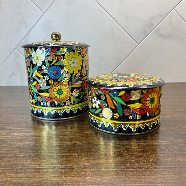 Set of 2 Vintage Floral Decorative Metal Tin Canisters, Designed by Daher, Made in England