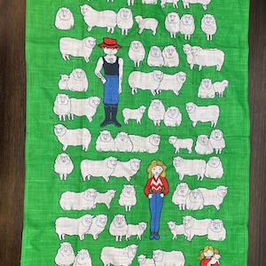 Vintage Large Tea Towel, New Zealand Save The Children Linen Towel, Sheep Themed Kitchen Towel