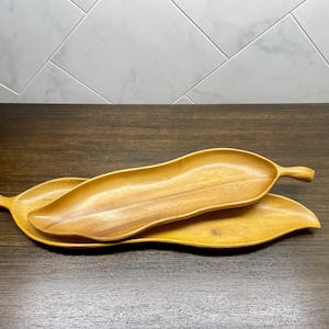 Extra Large 27&quot; Monkey Pod Wood Leaf Platters, Set of 2 Signed Sorensen Hawaii Monkey Pod Leaf Shaped Charcuterie Boards