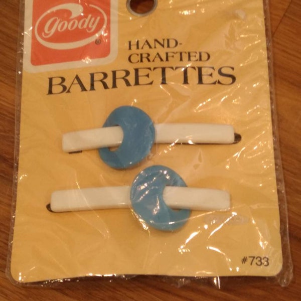 1980s Vintage Goody Hand Crafted Hair Barrettes, Pack of 2, White with Blue Circles, New in Package