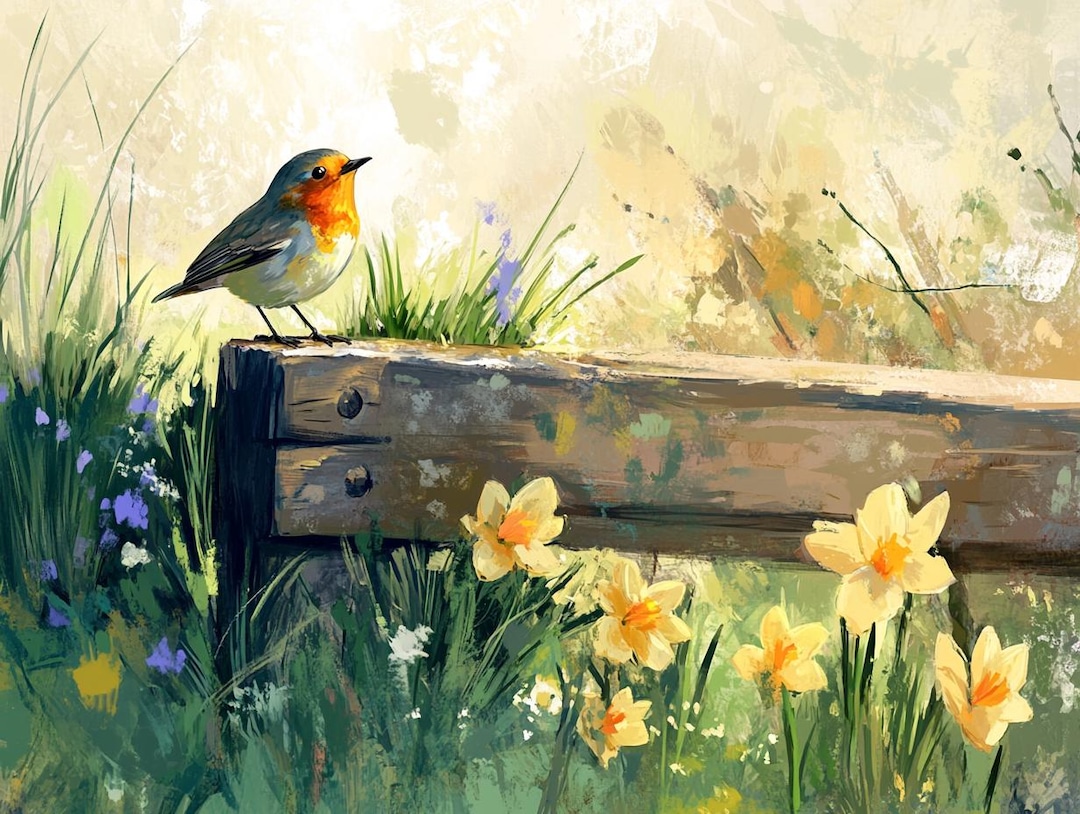 Spring Robin and Daffodils Printable Wall Art – Rustic Meadow Bird ...