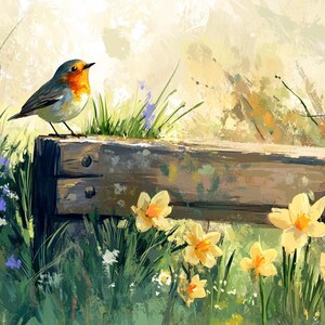 May include: A digital painting depicting a robin on a wooden fence. The bird has a red breast and is set against a backdrop of green grass, yellow daffodils, and a soft, blurred background. The artwork conveys a sense of spring and the natural world.