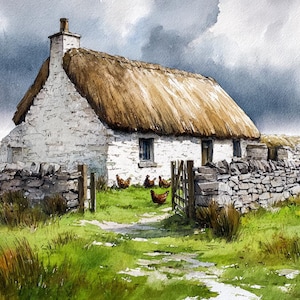 May include: A watercolour painting depicts a white cottage with a thatched roof, stone walls, and a wooden gate. Chickens are in the green grass. The sky is overcast with dark clouds, creating a rural scene.