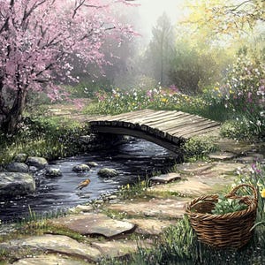 Spring Garden Stream Printable Wall Art – Tranquil Meadow with Cherry Blossoms, Wooden Bridge and Flowers – Cottagecore Nature Decor