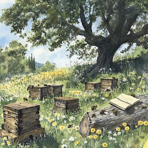 Rustic Beekeeping Meadow Art Print, Wildflower Field Wall Decor, Digital Printable Countryside Bee Hive Scene Under Oak Tree