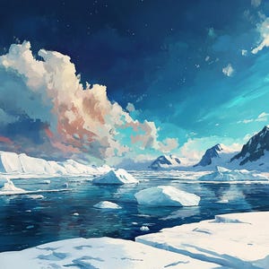 Arctic Ice Landscape Digital Print, Frozen Ocean Wall Art, Polar Wilderness Decor, Icy Mountains Artwork, Cold Winter Seascape Painting