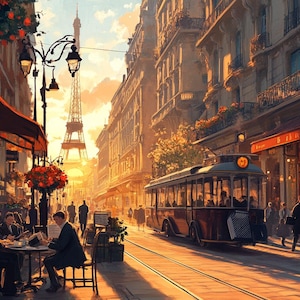 Vintage Paris Street Scene Printable Wall Art, Eiffel Tower Tram Cafe Decor, 1930s Paris Digital Download, French Cityscape Print
