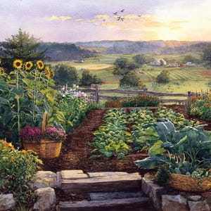 Sunset Vegetable Garden Wall Art Printable, Country Farm Landscape Digital Download, Cottagecore Kitchen Decor, Rustic Harvest Artwork