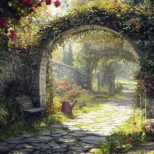 Secret Garden Wall Art Printable, Romantic Garden Path with Roses, English Cottagecore Decor, Rustic Stone Archway Digital Download