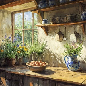 May include: A rustic kitchen scene with a wooden countertop, a window, and shelves. Potted plants with purple and yellow flowers sit on the counter, along with a bowl of eggs and a blue and white pitcher. Hanging pots and pans are visible.