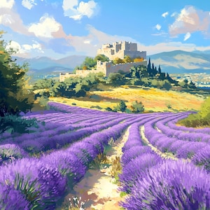 Lavender Field Wall Art Printable, French Countryside Castle Landscape, Provence Farmhouse Decor, Purple Flower Digital Download Print