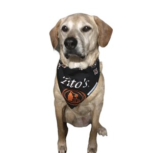 May include: A light brown dog wearing a black bandana with white polka dots and the text "Zito's" in orange. The bandana has a small orange logo with a bottle and barrels.