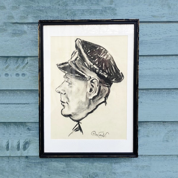 Mid Century Vintage Naval Portrait-Charcoal Drawing of Captain or Engineer By Cliff Cowl-1970's Naval portrait drawing-Naval/seafaring decor