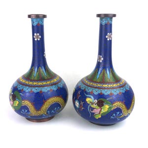 Antique Chinese pair Cloisonné vases-1890 pair Ming style globular Cloisonné vases, blue with 5 claw dragon design-Chinese dragon vases gift