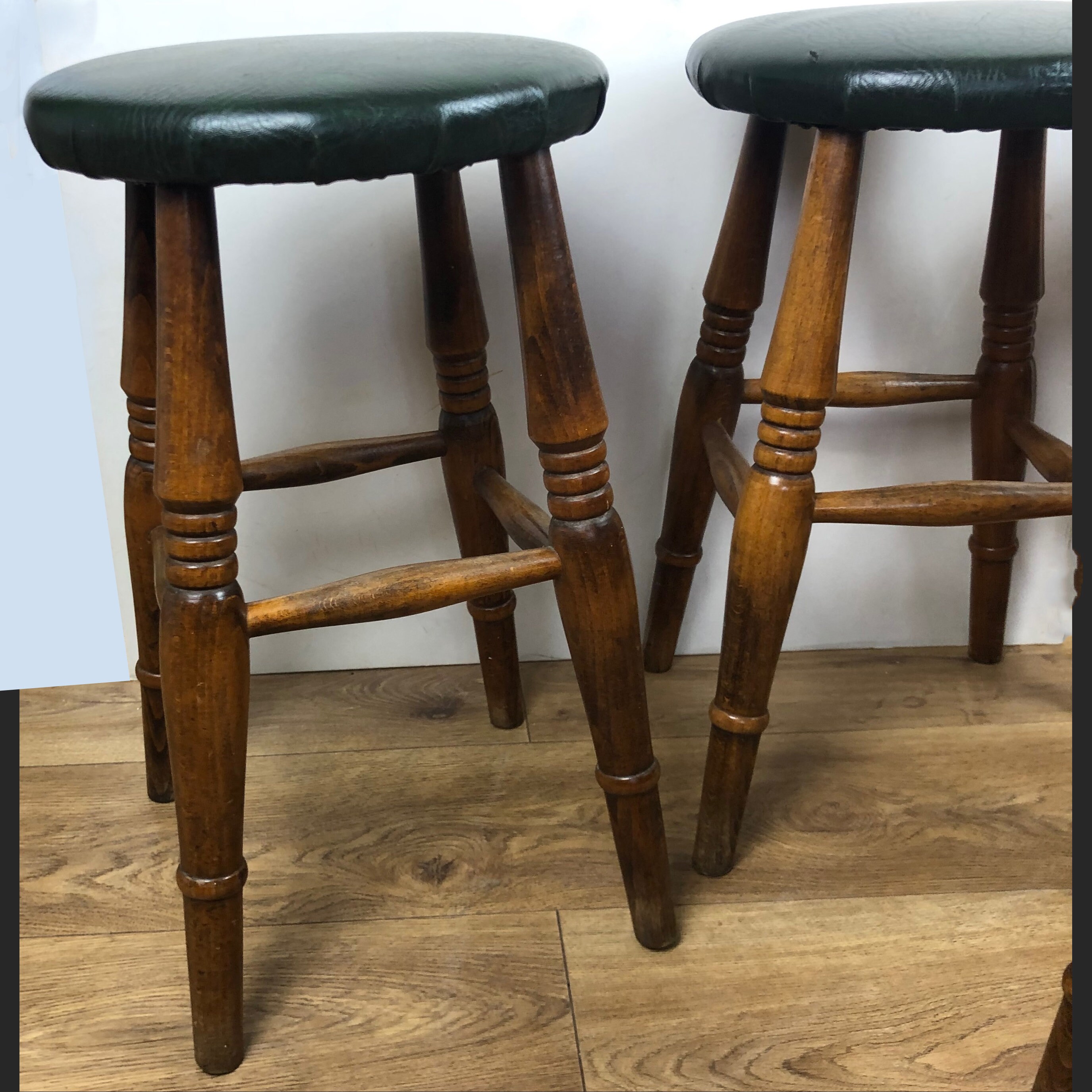 Set of 4 Vintage Stools-1950's Set 4 Pine Stools With Green Padded ...