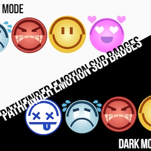 Puede incluir: Cinco insignias de sub-emoción de Pathfinder diferentes en modo claro y modo oscuro. Las insignias tienen la forma de un círculo con una cara dentro. Las caras son: muerto, triste, enojado, feliz y enamorado. El texto "MODO CLARO" está encima de las insignias en modo claro y el texto "MODO OSCURO" está debajo de las insignias en modo oscuro. El texto "PATHFINDER EMOTION SUB BADGES" está en diagonal a través de la imagen.