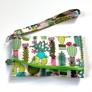 handmade trifold wallet - cactus wallet - extra large wallet - one of a kind accessory - made in Wisconsin - ready to ship - cotton wallet