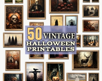 Vintage Halloween Printable Wall Art, Gothic Bundle Witches Autumn Portraits, Halloween Arts, Digital Home Decor Prints