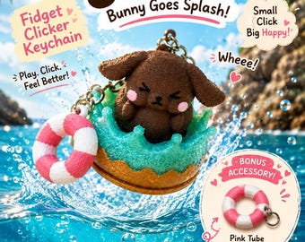 Splash Puppy Clicker Keychain, Summer Beach Bag Charm, 3D Printed Fidget Toy