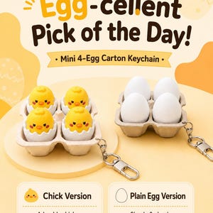 May include: Two mini 4-egg carton keychains. One carton contains four yellow chicks hatching from white eggshells with angry expressions. The other carton holds four plain white eggs. Both feature silver metal key rings and lobster clasps.