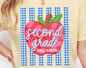 Comfort Colors Second Grade Teacher Shirt, Personalized 2nd Grade Tshirt, Gingham Stripes Back to School Tee, Custom Grade Level Shirts