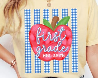 Striped First Grade Teacher Shirt, Custom Back to School Gift, Personalized Apple 1st Grade Teacher T-Shirt, First Grade Tee