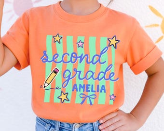 Maglietta per bambine di seconda elementare, maglietta personalizzata con nome per bambini, maglietta per il ritorno a scuola, maglietta personalizzata per la seconda elementare, primo giorno di scuola per ragazzi, alla moda